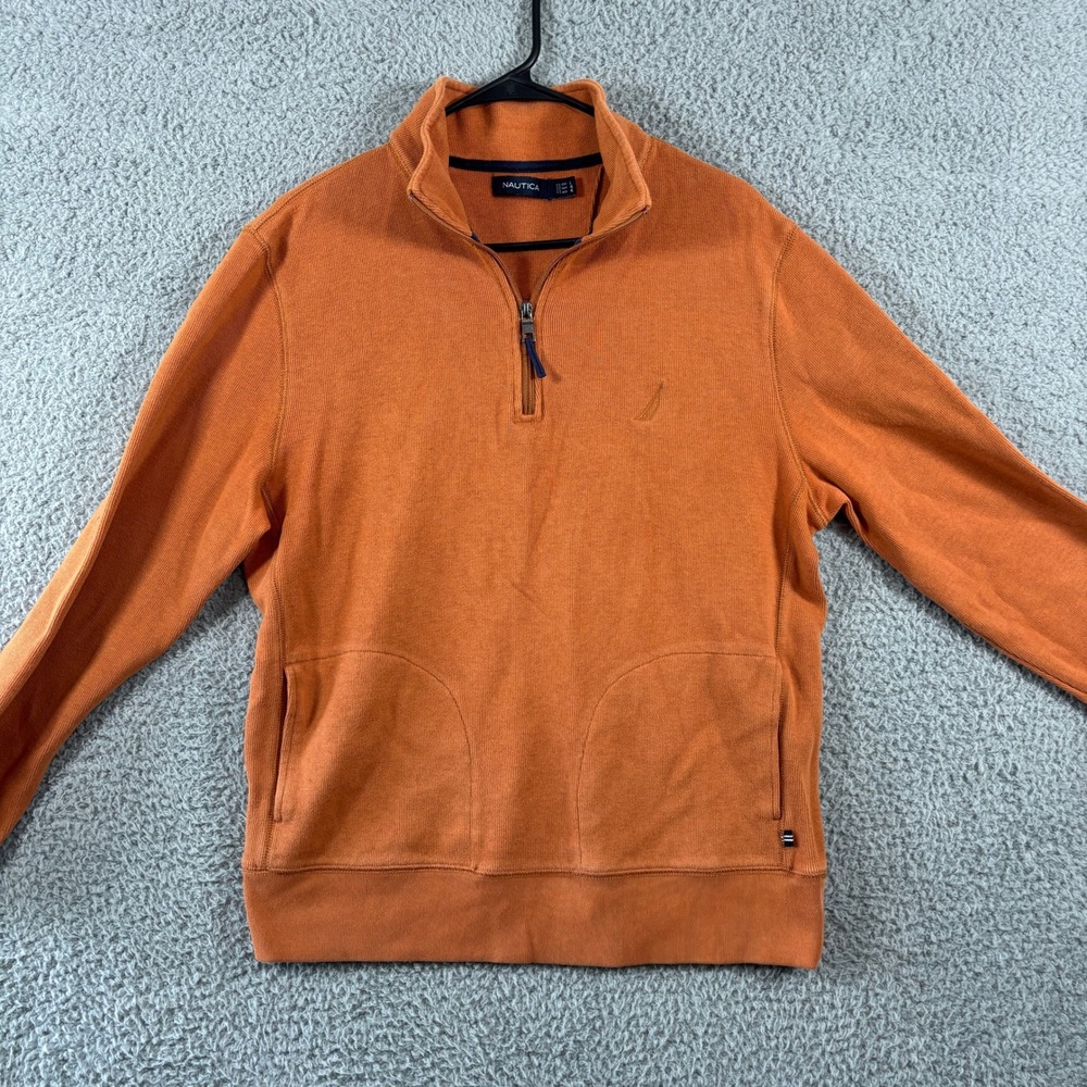 Nautica‎ Mens Quarter Zip Pullover Sweater Burnt Orange Ribbed Cotton Large 1468